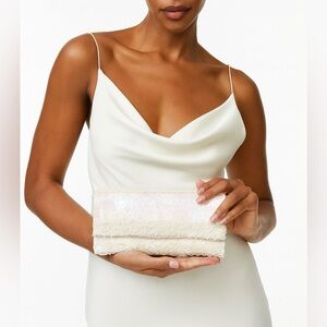 Vintage Beaded Sequin Satin Clutch Handbag Iridescent Handmade Hong Kong Ivory